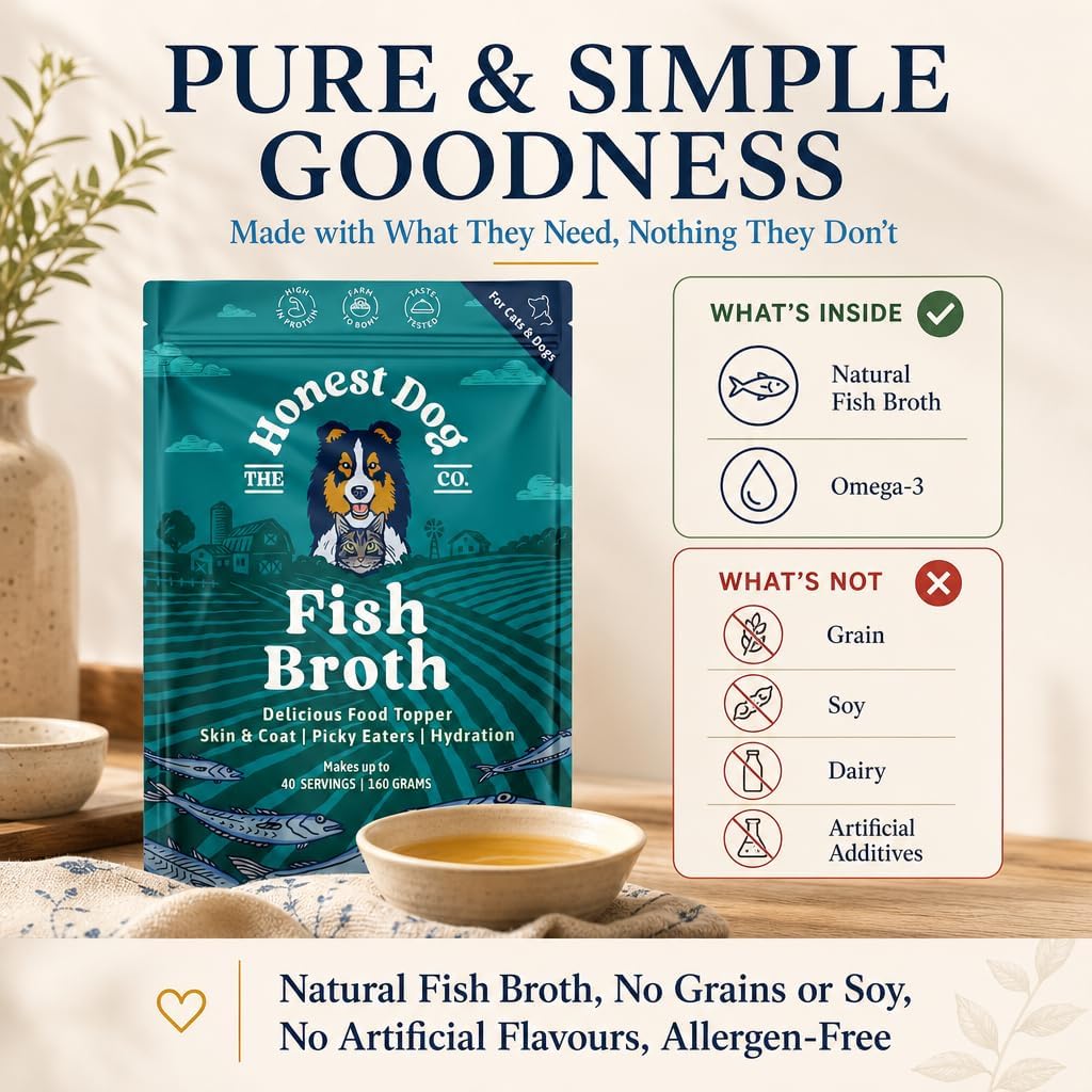 Pure and simple goodness — natural fish broth with omega-3, no grain, soy, dairy or artificial additives